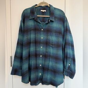 Madewell Oversized Cotton Plaid Flannel Thick Button Down Shirt Blue Green 3X